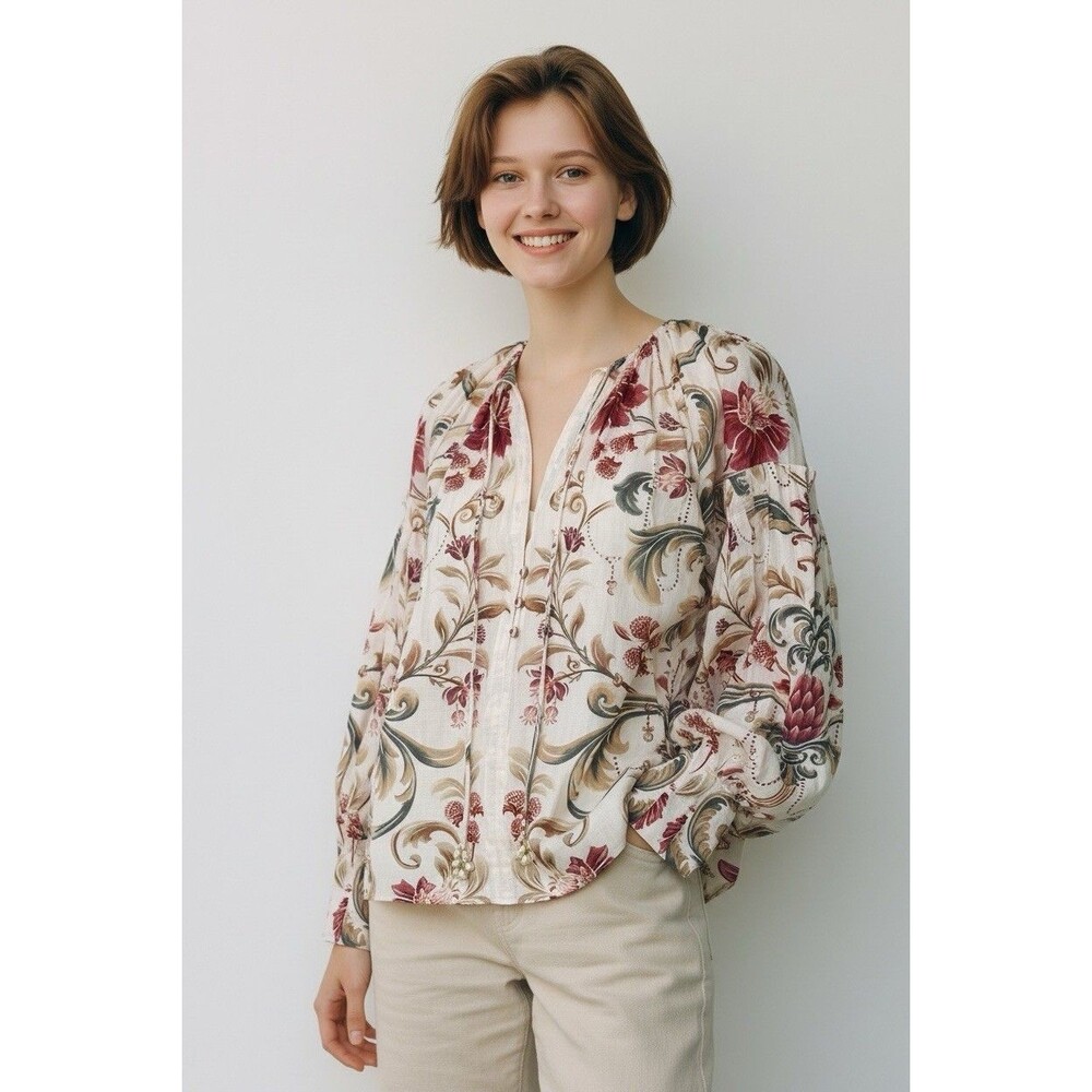 Farm Rio NEW womens lighweight bead tassle oversized boho blouse Small